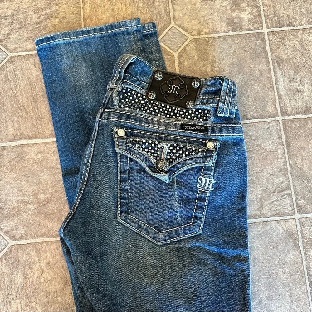 Miss Me Distressed Straight Jean Buckle Exclusive Rhinestone Button Flap Pockets - Image 2