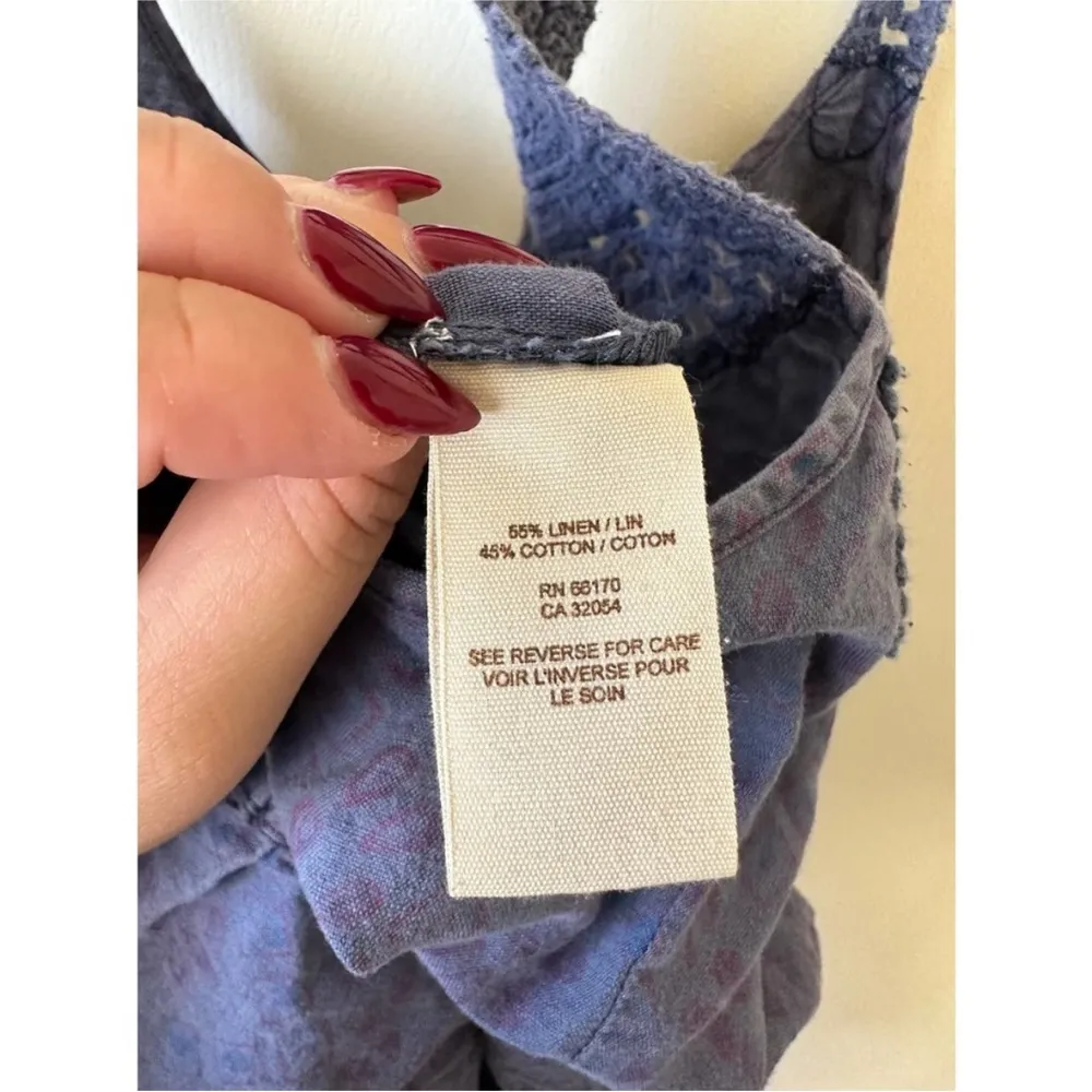 Free People Linen Romper Racerback Drawstring Waist Button Front Blue Small - Image 7