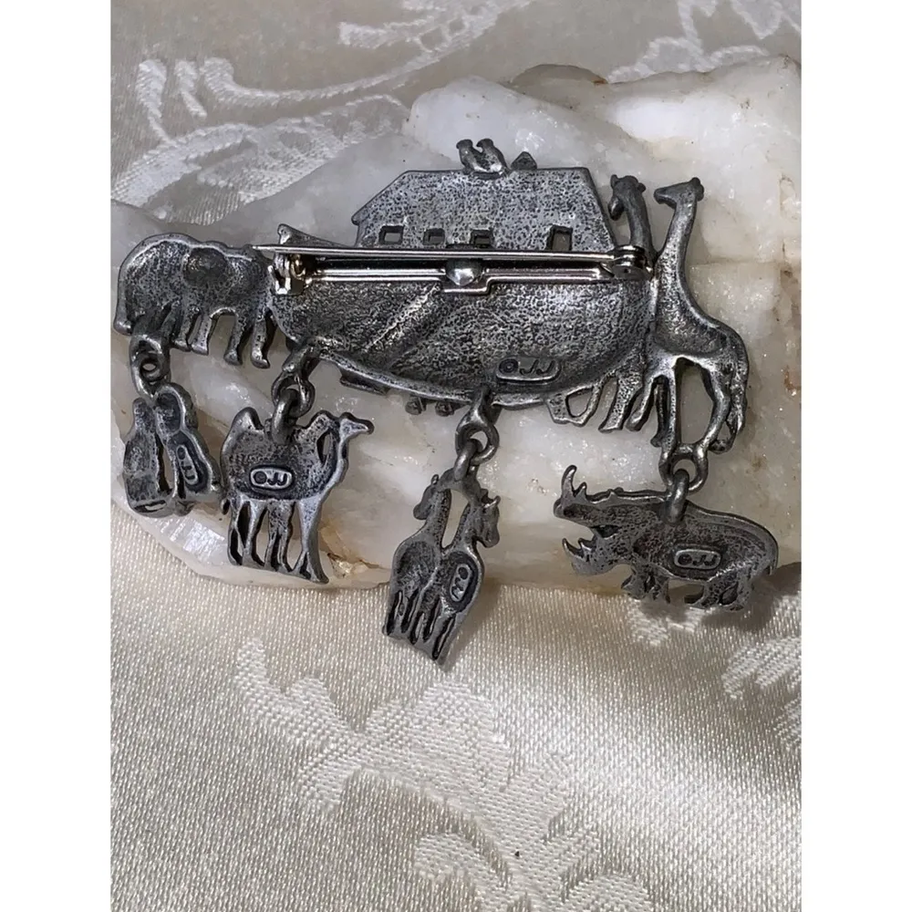 JJ Noah’s Ark Christian Bible Story Pewter Brooch Gift Collectors 3” Silver - Image 3