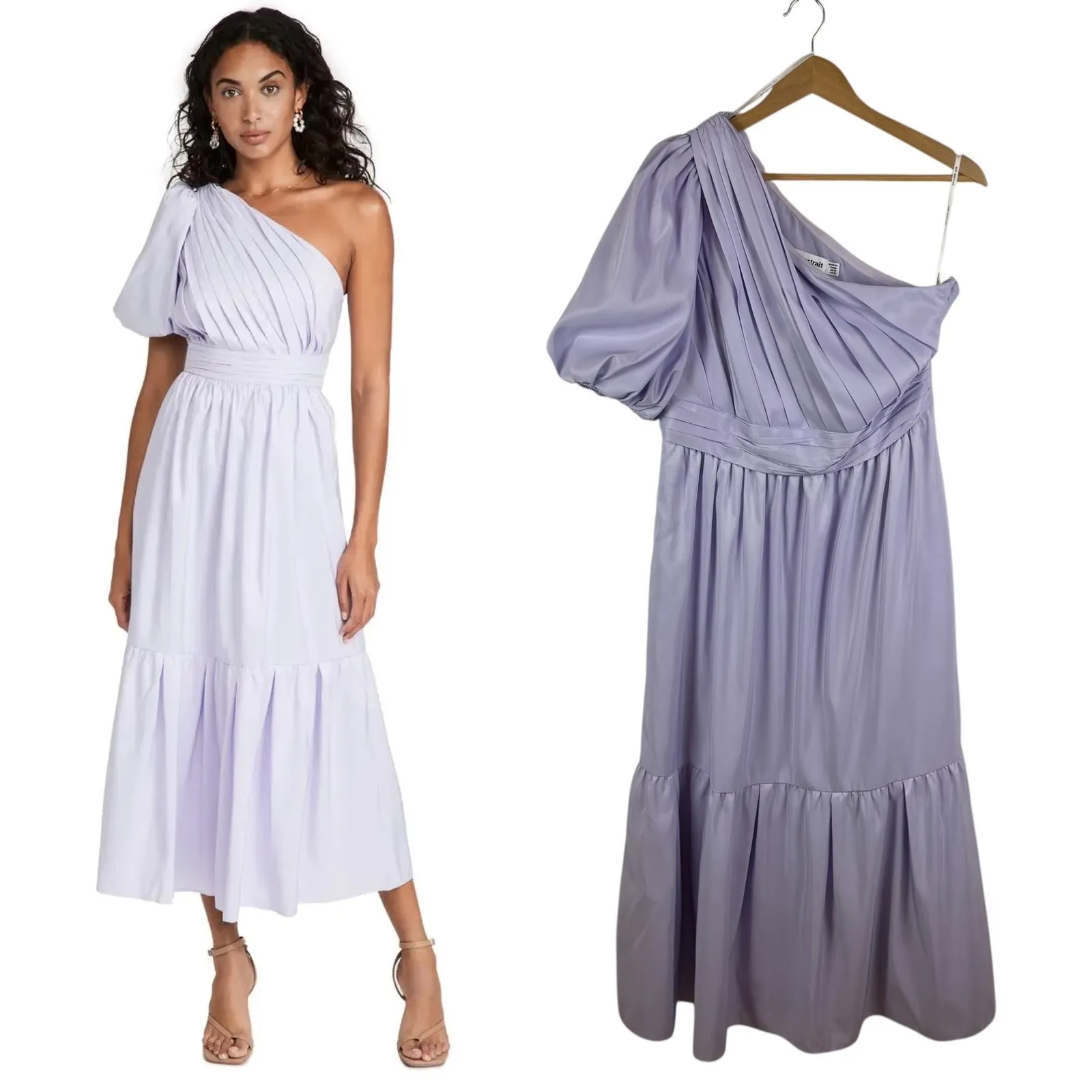 Self‎ Portrait Lilac One Shoulder Midi Dress Sz 10 Pleated Tiered Wedding Pastel Purple - Image 2