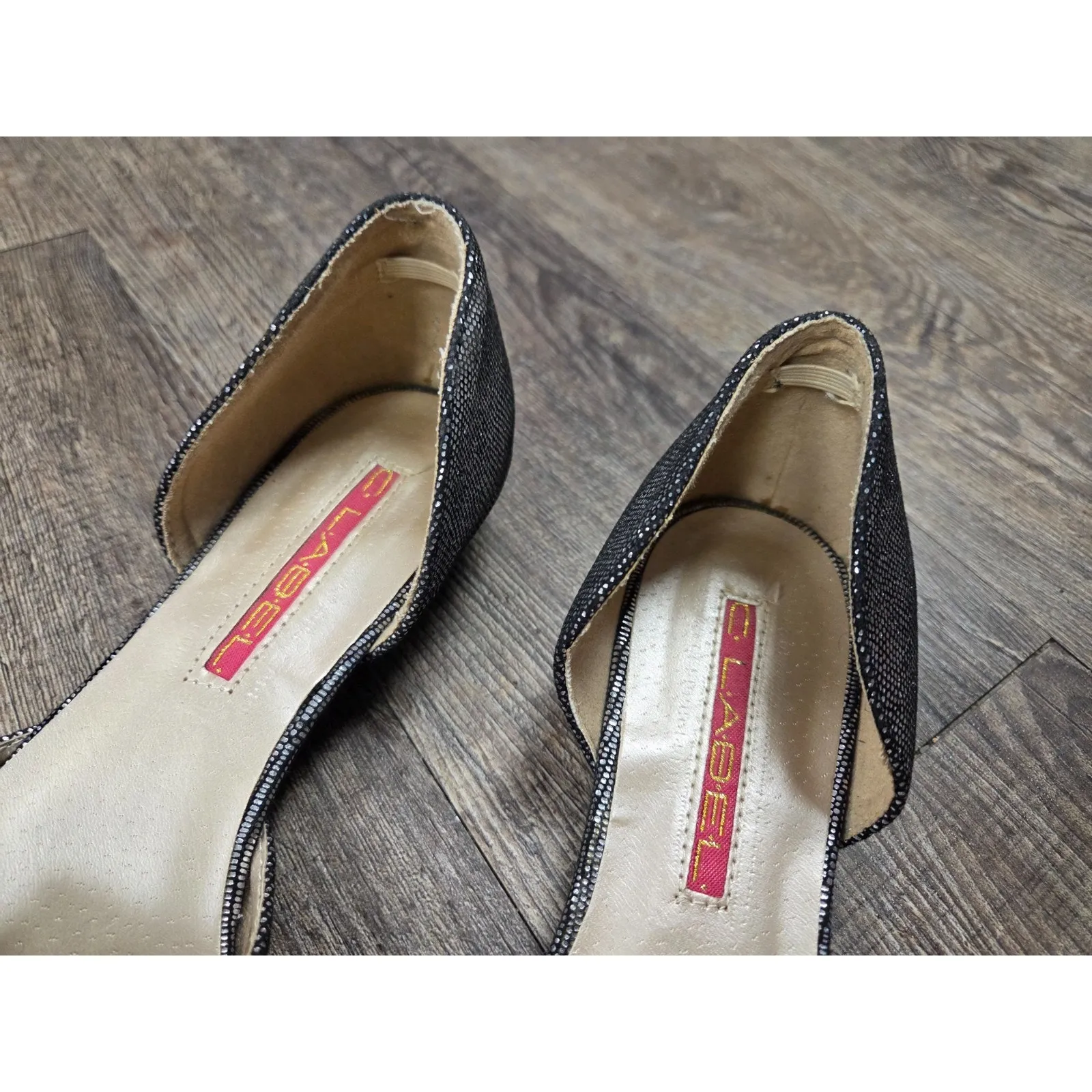 C LABEL Black Silver Kilt Pointy Toe D'Orsay Flat Textured Slip on Shoes Size 7 - Image 3