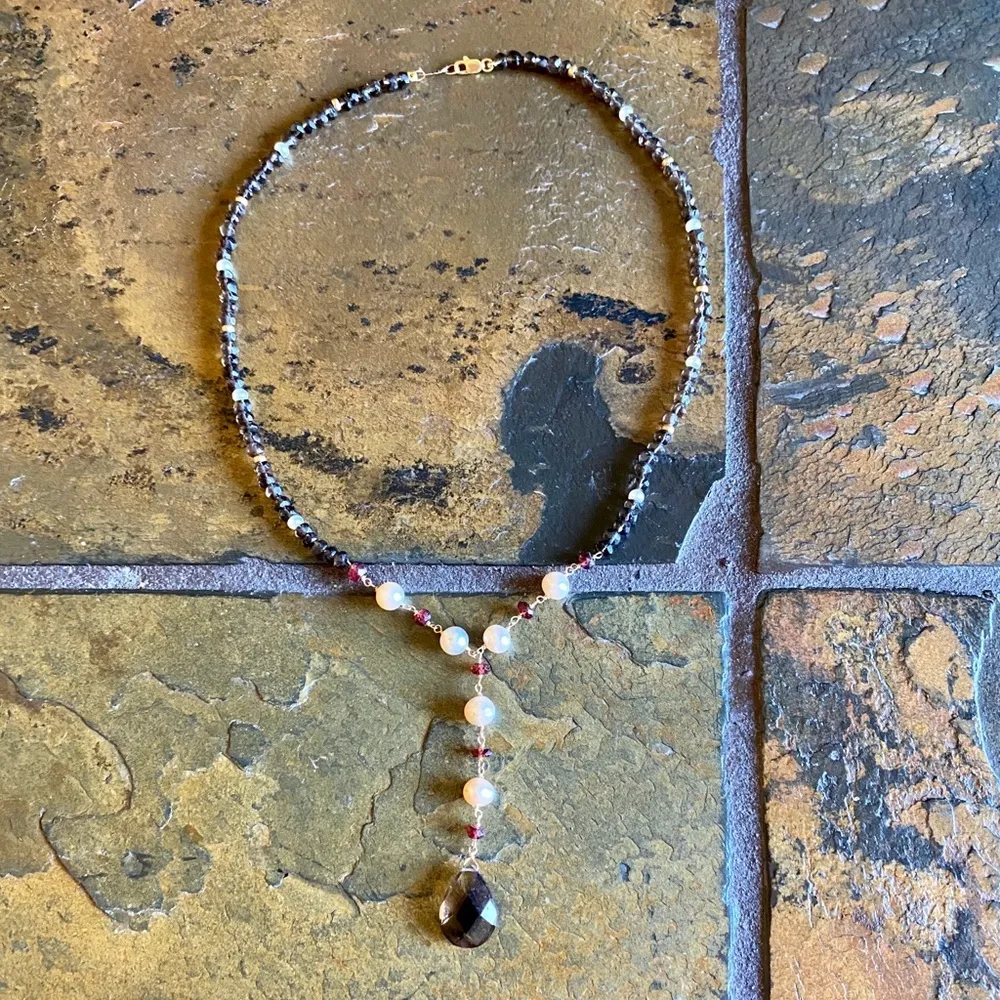 Zoe B 14K Smokey Topaz Garnet & Cultured Pearl Necklace - Image 3