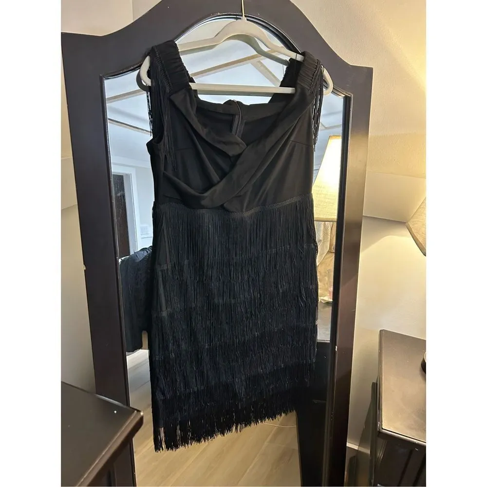 NEW Off Shoulder Wrap Fringe Sleeveless Elegant Party Mini Dress L Black Size L - Image 6
