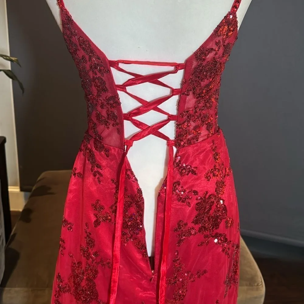 Women’s Red Mermaid Fit Prom Party Dress Sparkly Sequins LaceUpBack Size 2 *READ - Image 6