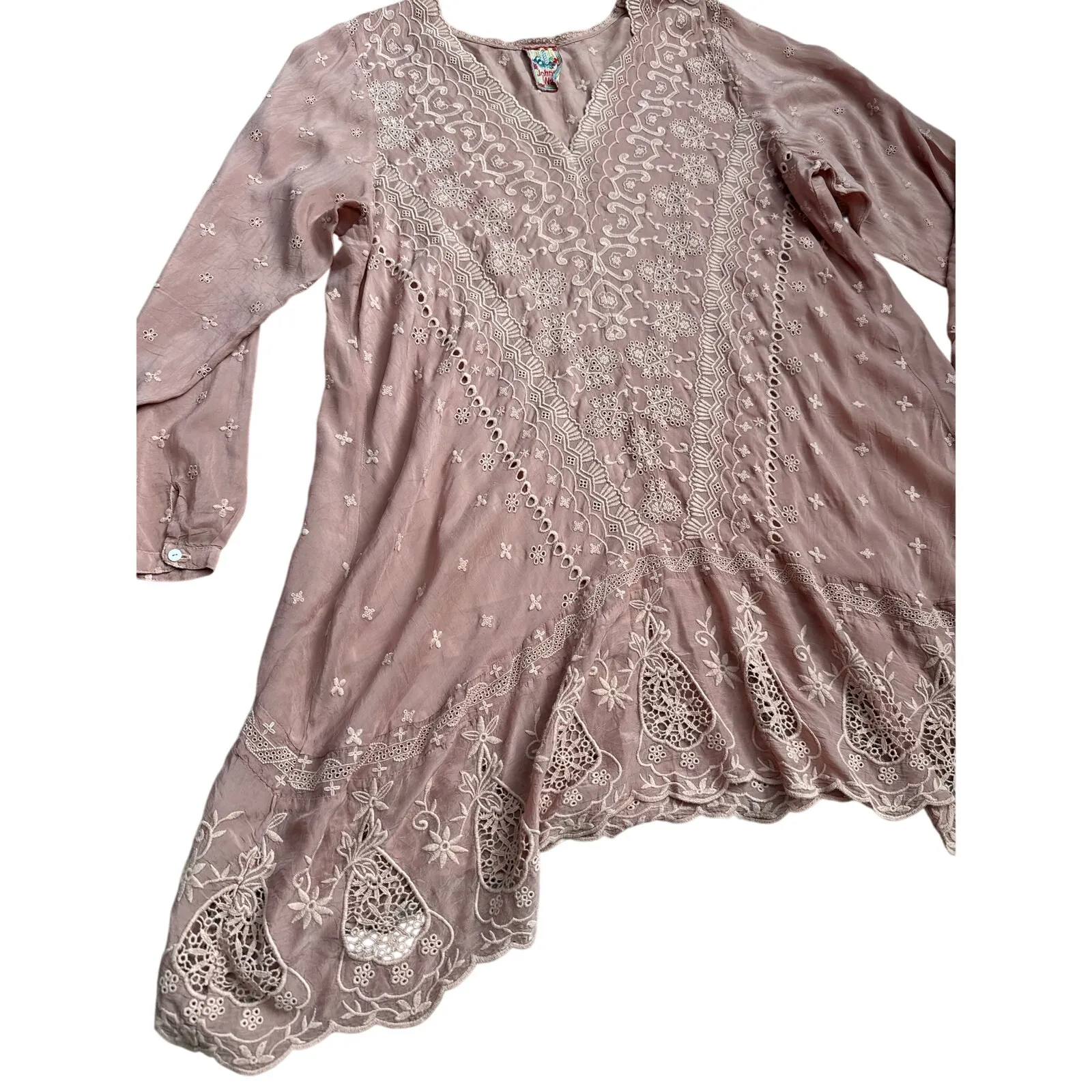 Johnny Was Plus V-Neck Embroidered‎ Tab Sleeve Midi Dress Dusty Rose Size 2X - Image 11