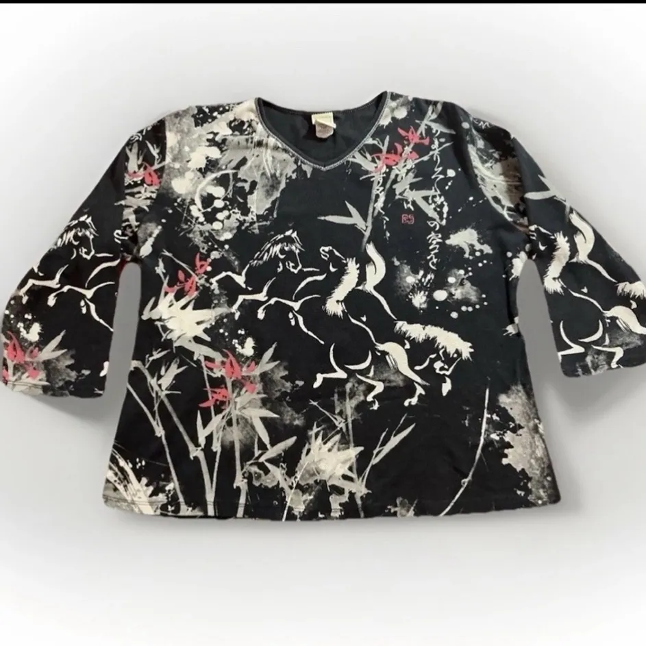 Jess & Jane Top Womens 1X Cotton Horse Print Artsy Equestrian Western Boho comfy Black - Image 2