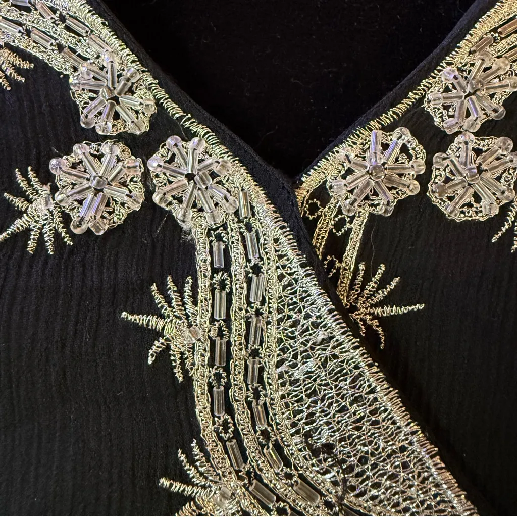 Vintage Y2K Silkland Flutter Sleeve Beaded Embroidered 100% Silk Top Size M Black Size M - Image 5