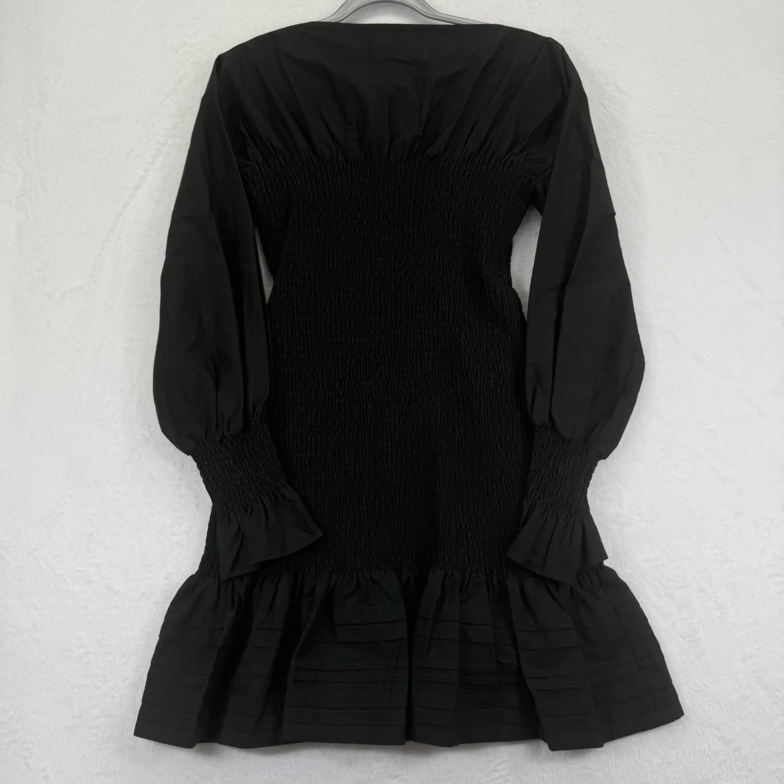 Derek Lam 10 Crosby Mini Dress Size‎ 6 Black Long Sleeve Smocked Ruffle Cotton - Image 9