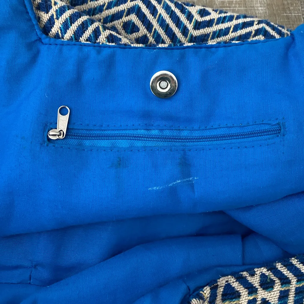 Aztec Woven Tote Bag Tapestry Weave Tribal Boho Design Blue Large Beachy Travel - Image 10