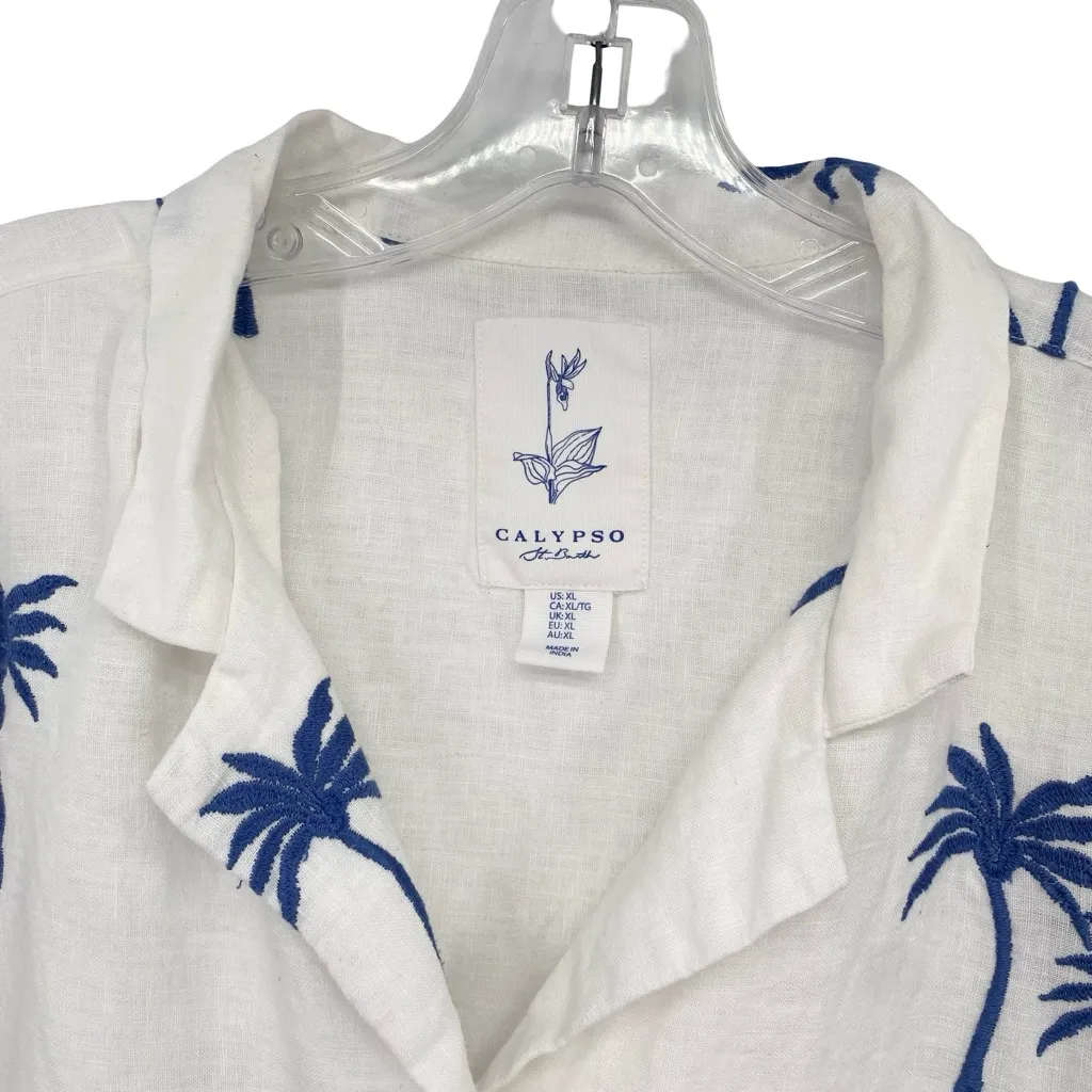 Calypso St. Barth Embroidered Palm Tree Linen Button Down Boxy Shirt - Image 3