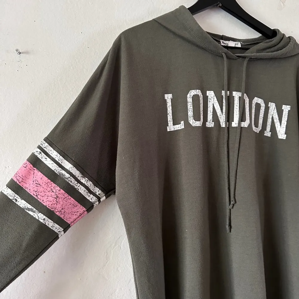 About A Girl London Graphic Hooded Long Sleeve Tunic Top XL Olive Pink Stripe - Image 3