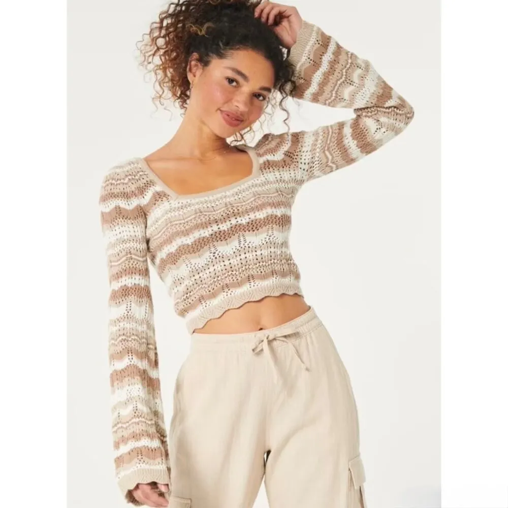 Hollister Crochet Knit Flare Bell Sleeve Square Neck Top Boho Cream‎ Tan Medium - Image 8