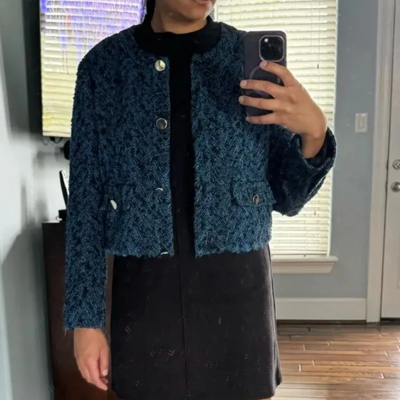 Hugo Boss Blue Tweed Blazer SIZE 6 Boucle Herringbone Cropped Old Money $500 - Image 5