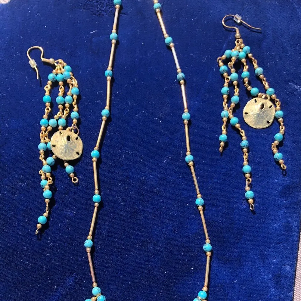 Turquoise and Gold Sand Dollar Sea Shell Earrings and Necklace Beach Ocean Coast - Image 7