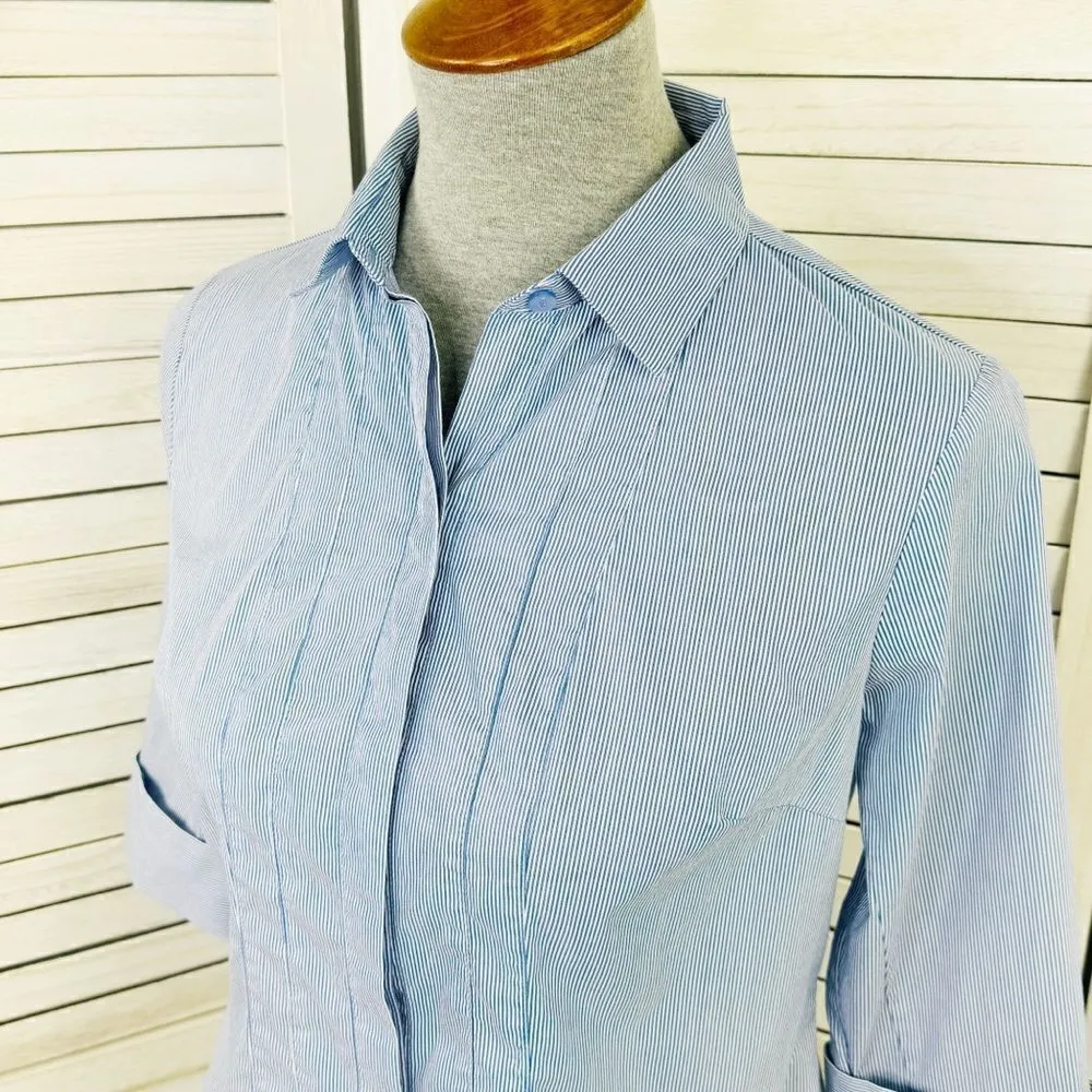Worthington Petite Striped Faux Pleat Button Front Shirt‎ Blue White Small - Image 5