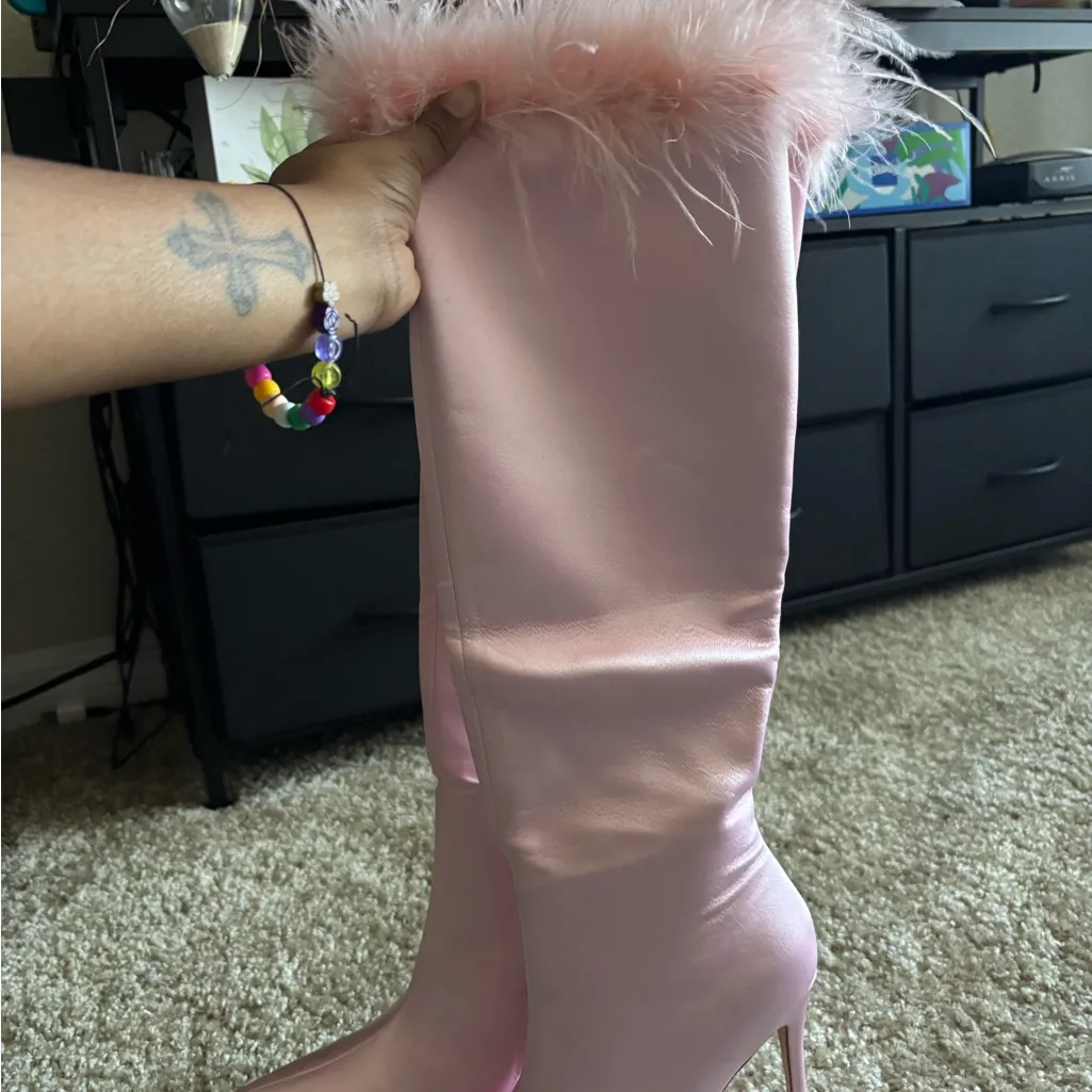JENSON HEELED BOOTS - PINK KNEE-HIGH SATIN WITH FEATHER TRIM size 5 - Image 3