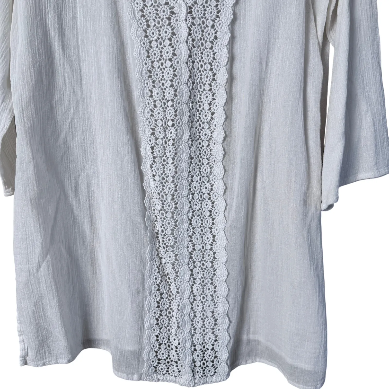 LA BLANCA White Lace Trimmed V Neck 3/4 Sleeve Tunic Cover Up Top, Sz L - Image 4