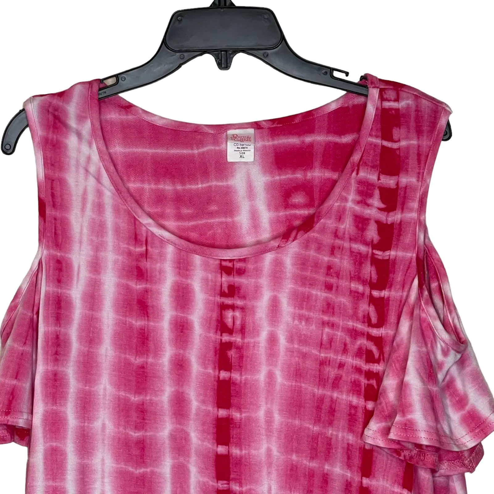 Ricrac & Ruffles Pink Tie‎ Dye Cold Shoulder Top Stretch Ruffled Sleeve XL Women - Image 2