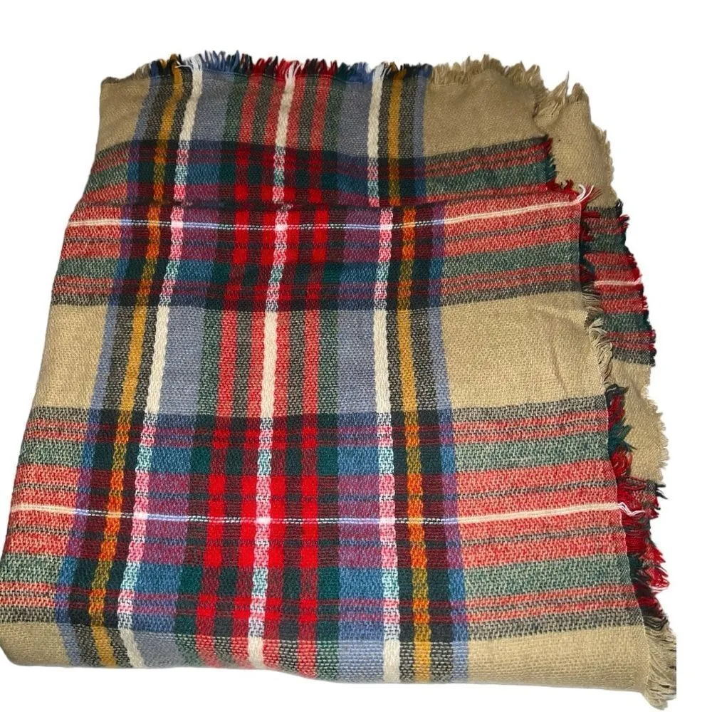 Fall plaid wrap with fringe hem. Red - Image 5