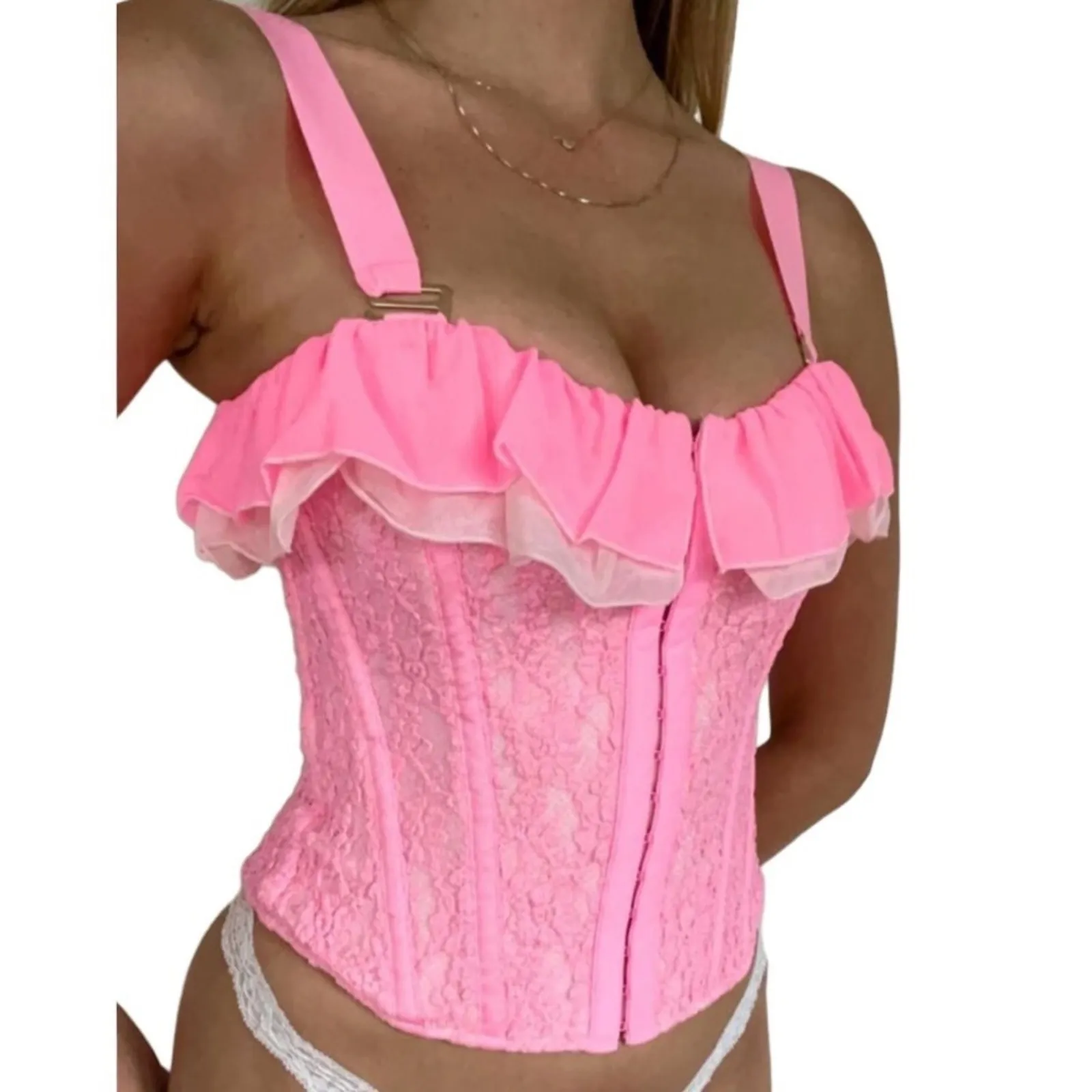 HAH x FREE PEOPLE Lace Corset Top Women M Rose Fairy Regencycore Boho Barbie NWT Pink Size M - Image 3