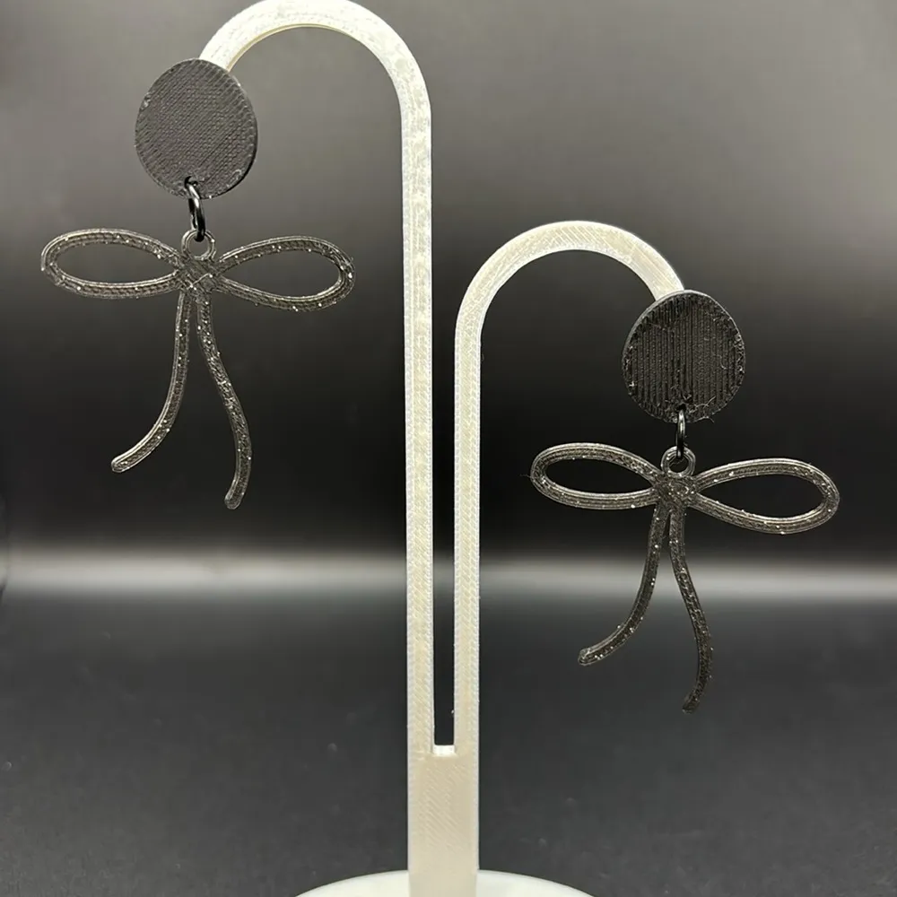 Elegant Black Glitter Bow Earrings - Image 3