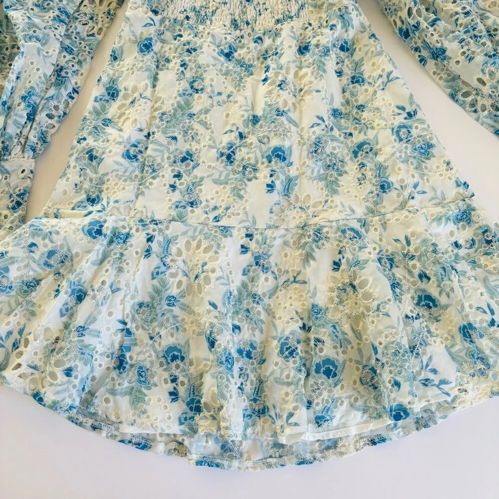 En Saison Claire Floral Blue Eyelet Open Front Long Sleeve Mini Dress Sz Medium - Image 12