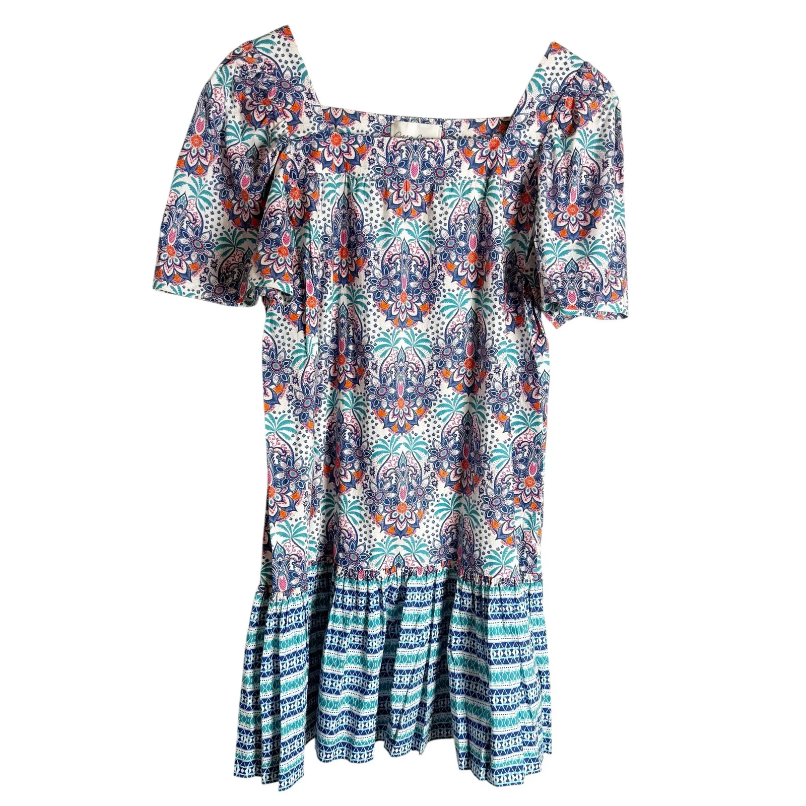 Cara Cara Janie Palm Medallion Puff Sleeve Drop Waist Ruffle Dress XL Blue - Image 3