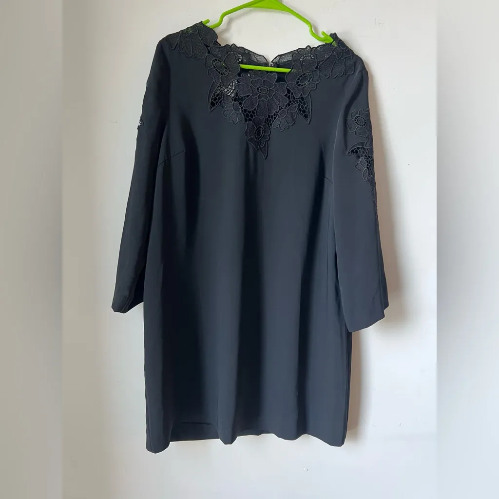 Alfani Petite Black Lace Appliqué Shift Dress 12P 3/4 Sleeve Back Zip - Image 3