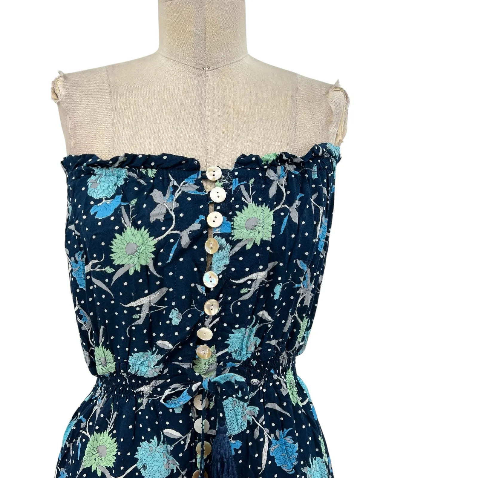 Tiare‎ Hawaii Ryden Maxi Dress Strapless Floral Dot Print Navy Blue One Size - Image 2