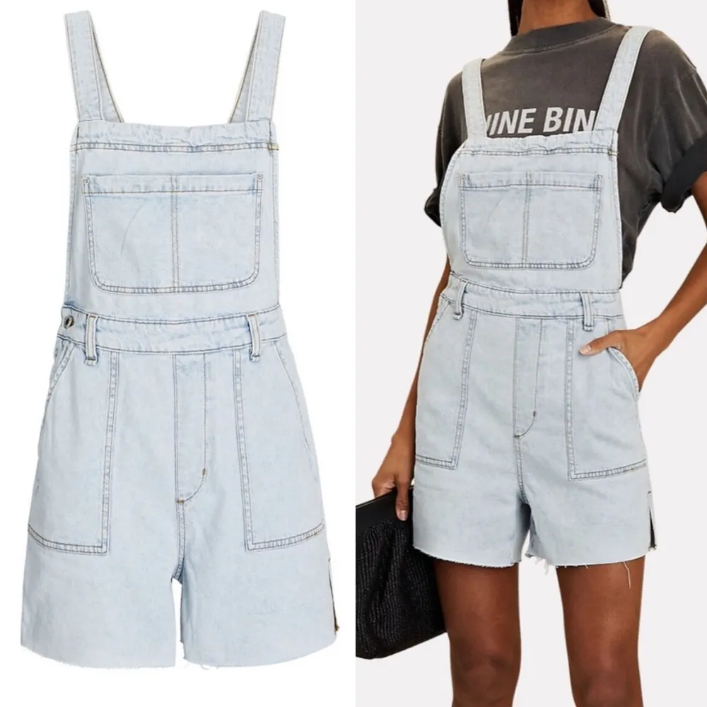 WeWoreWhat Light Wash Denim Slit Hem Raw Edge Overalls Shorts - Size Large - Image 5