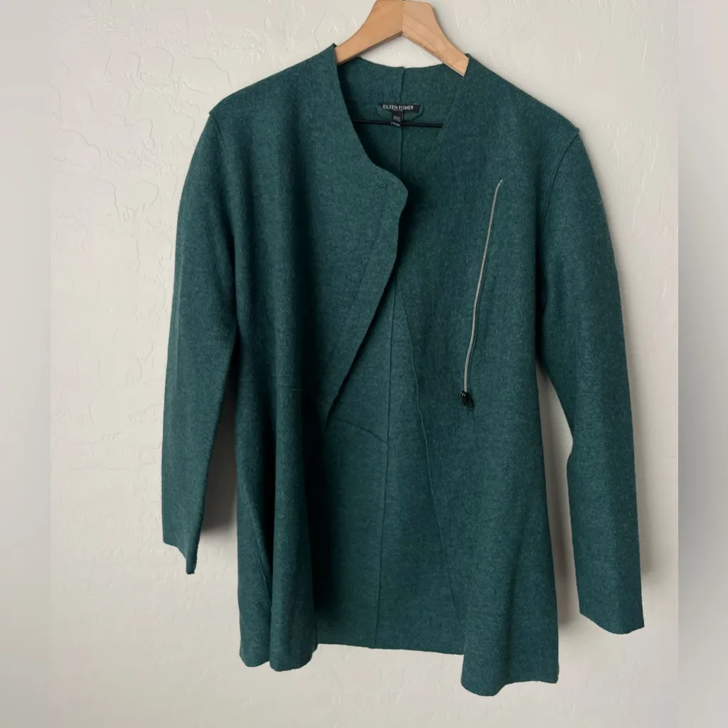 Eileen Fisher Merino wool zip up sweater jacket emerald green small petitie - Image 11