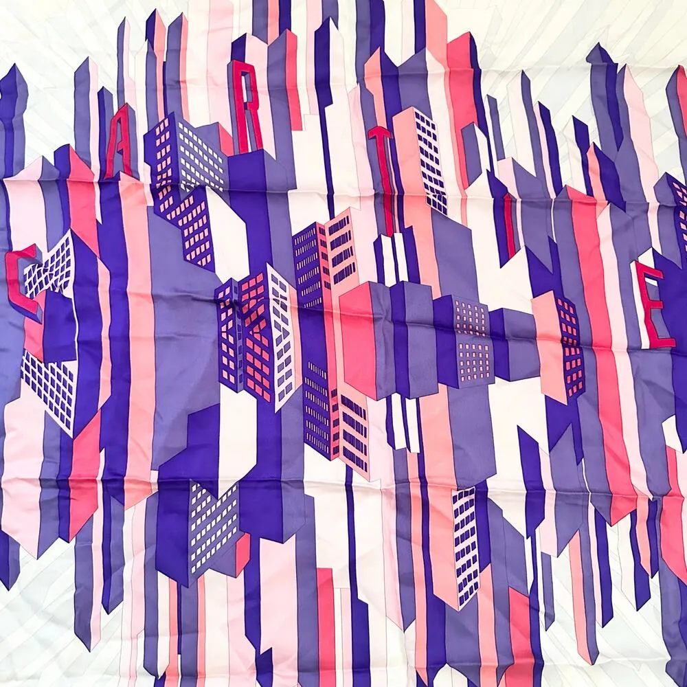 Cartier Pink Purple Ivory Geometric Skyline Cityscape Spellout Silk Square Scarf - Image 9