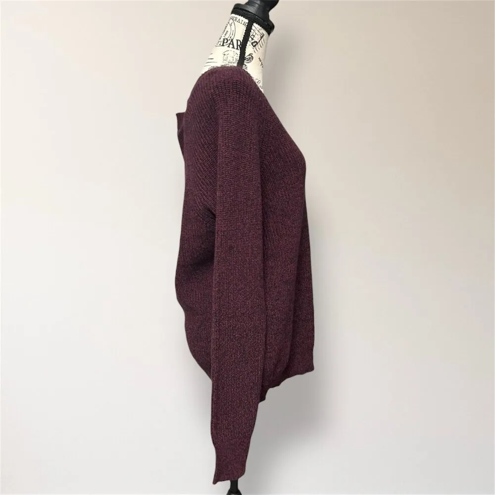 BCBGMAXAZRIA Burgundy Red Knit Oversized V Neck Sweater Long Sleeve Cotton Blend - Image 3