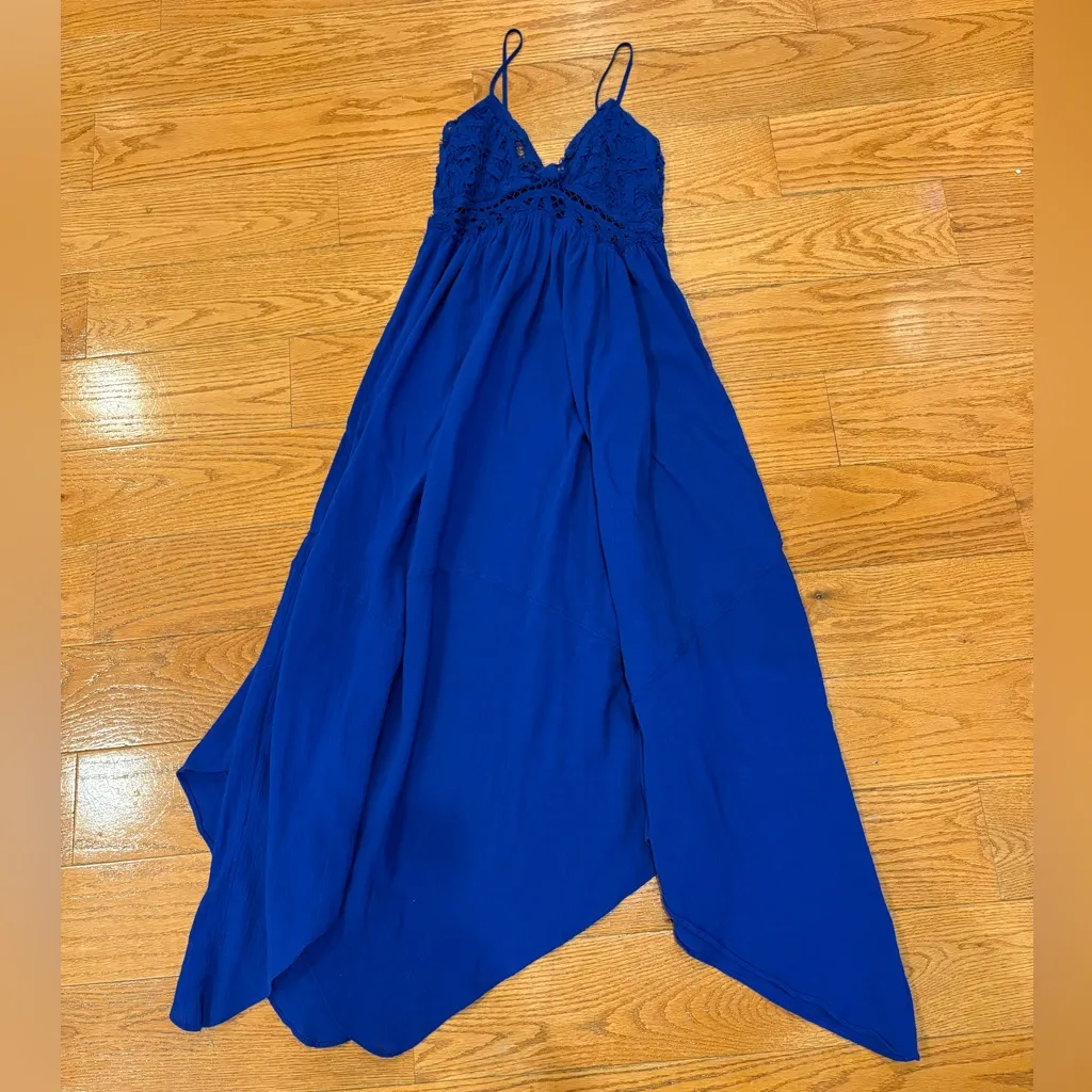 Free People Elaina Cobalt Blue Crochet Lace Maxi Dress XS – Boho Romantic Dress - Image 3