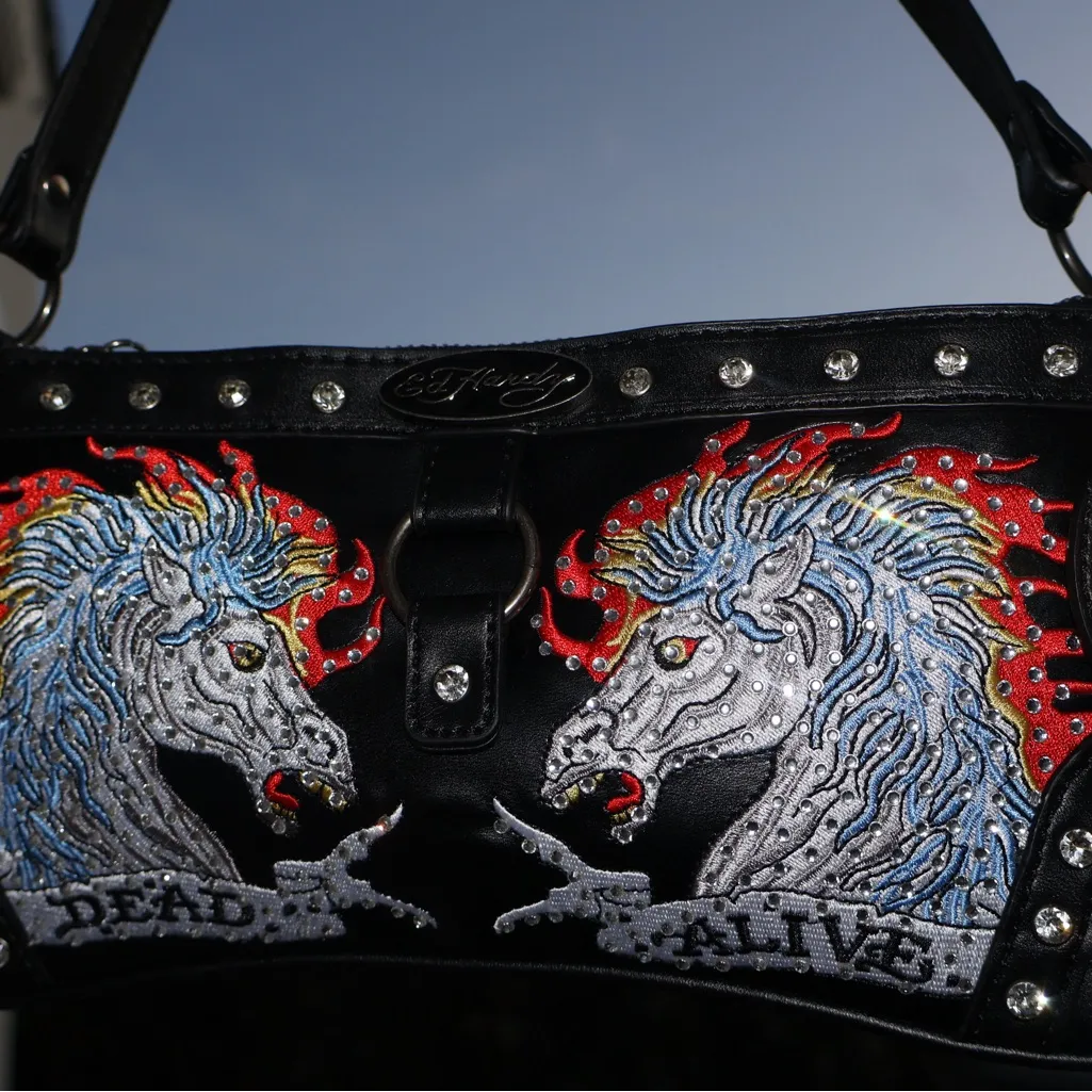 Y2K Ed Hardy Dead or Alive Rhinestone Shoulder Bag Black NWT McBling - Image 3