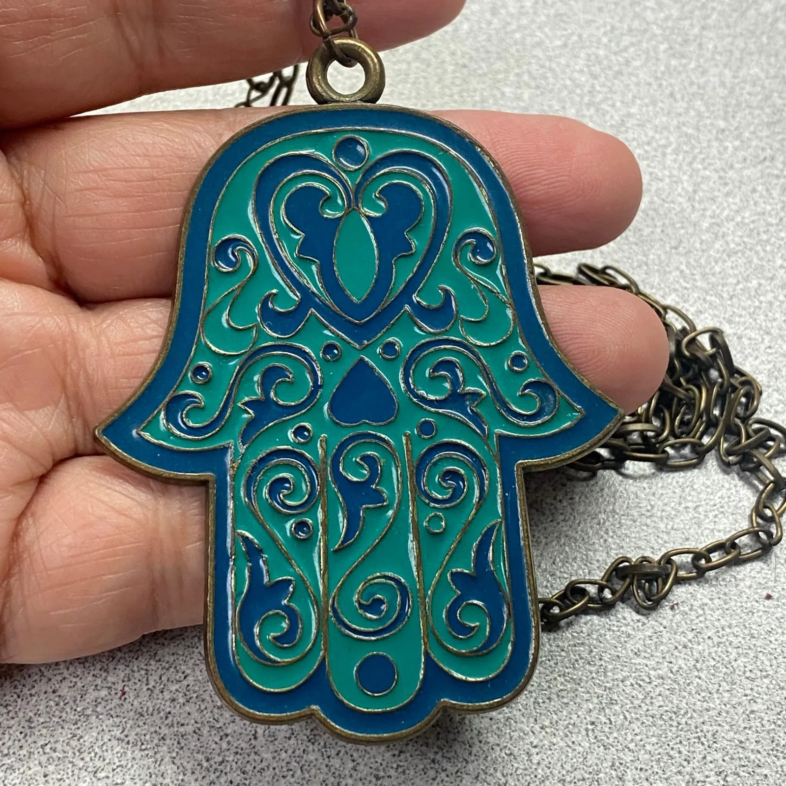 Hamsa Hand Teal Blue Enamel Necklace Gold Tone Chain Pendant Protection Jewelry Green - Image 2