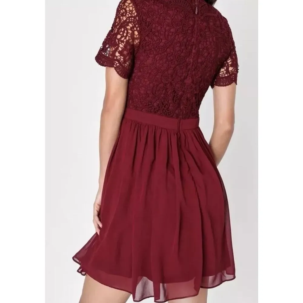 Lulus Angel in Disguise Burgundy Lace Skater Dress Size M Deep V Party Cocktail Red Size M - Image 2