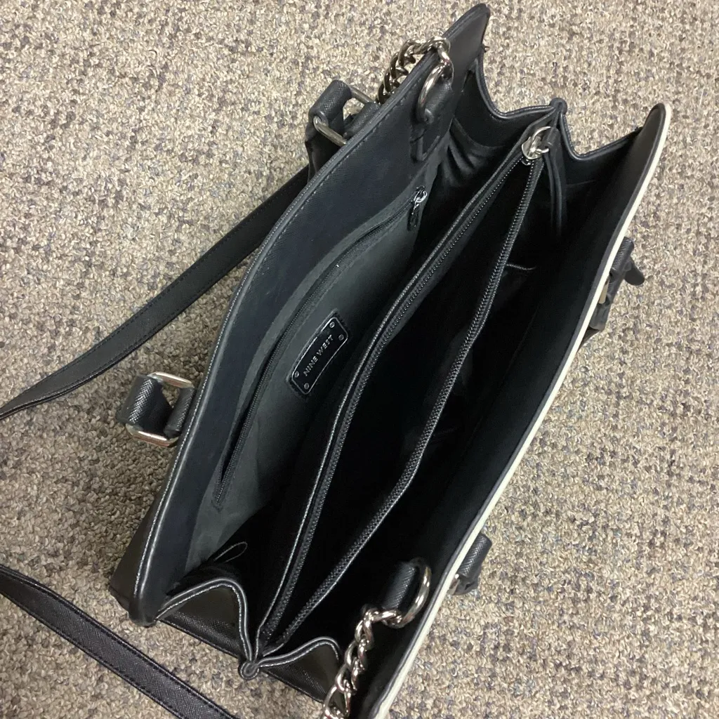 Nine West Black Cream with Silver Chains Shoulder Crossbody Hand Bag Purse - Image 6