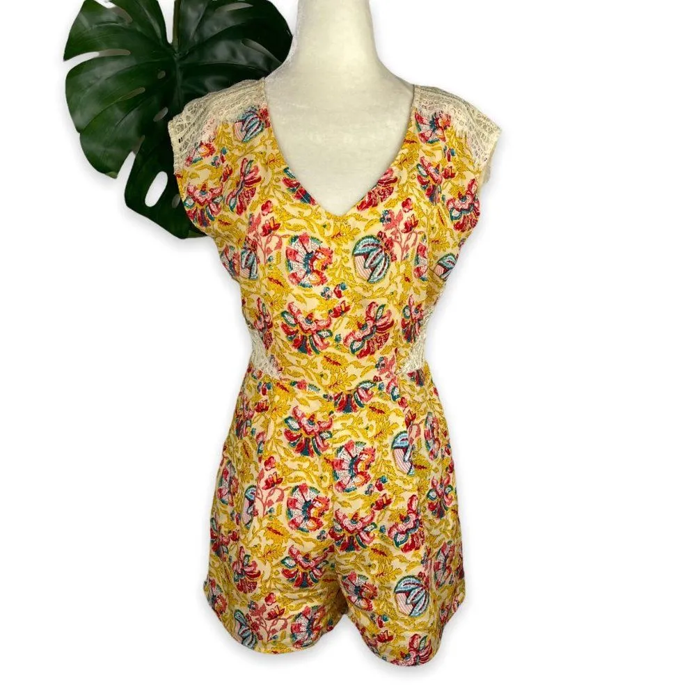Ark & Co Antique Gold Floral Print Lace V-Back Romper - Image 2
