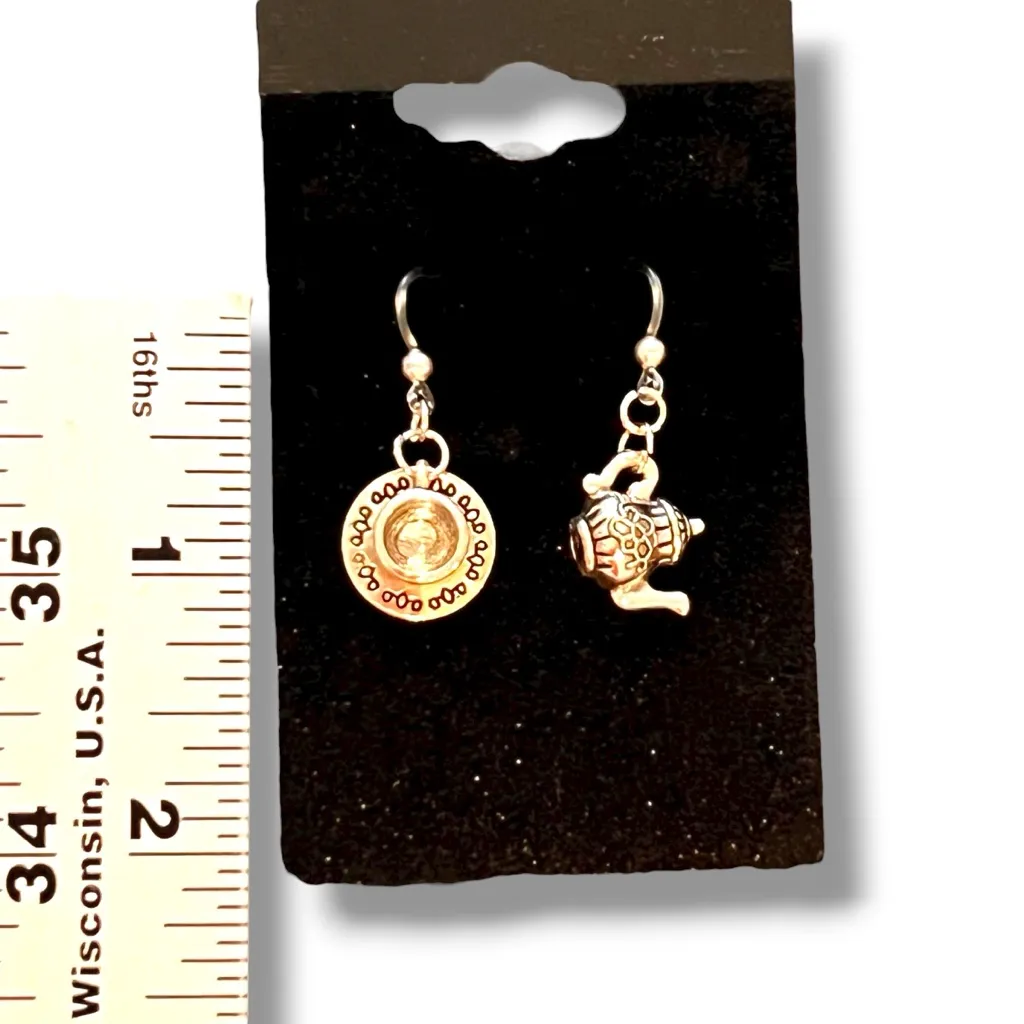 TEACUP TEAPOT TEA CUP SILVER EARRINGS HYPOALERGENIC RUBBER Alice In Wonderland - Image 2