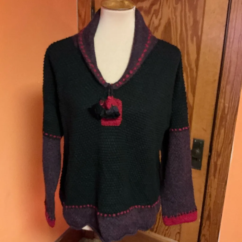 Little Journeys Boho Knit Sweater Tassel Neck Black Burgundy Pullover Size M - Image 4