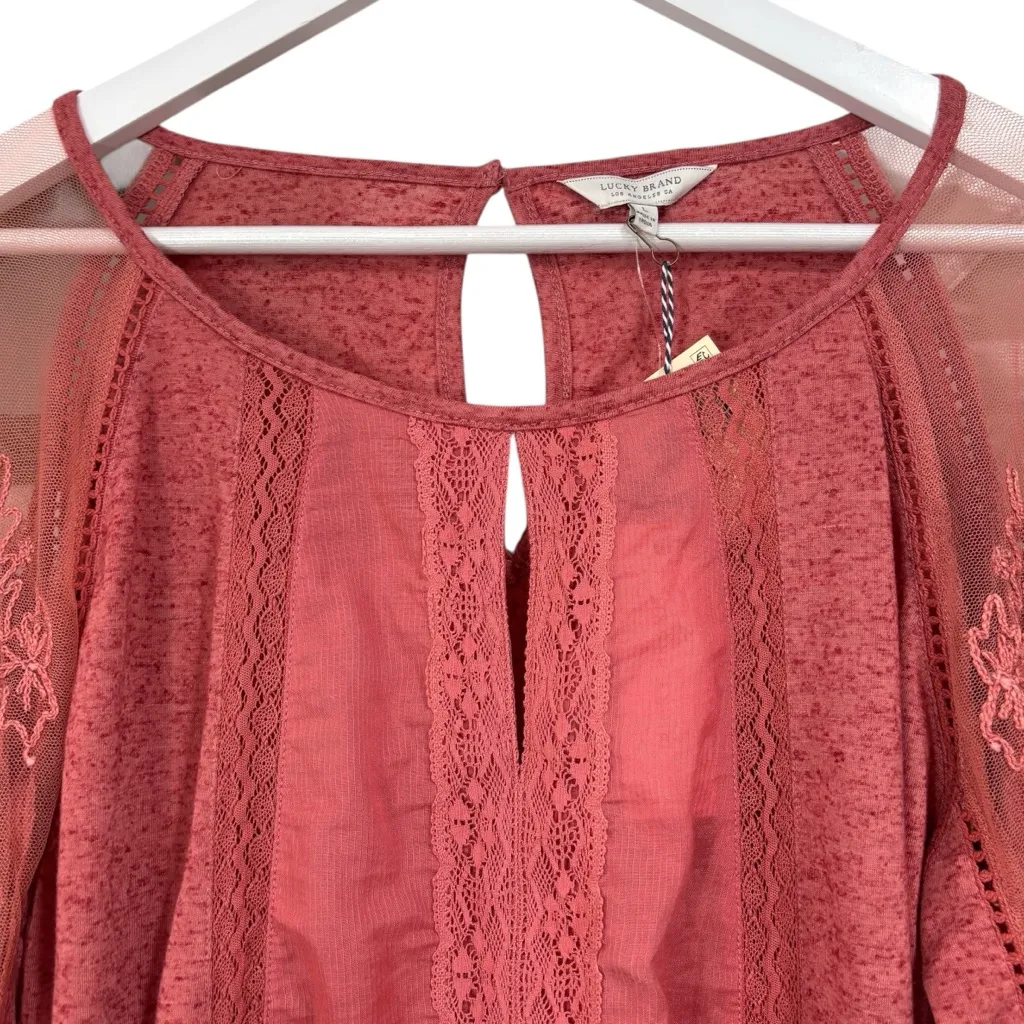 Lucky Brand Cold Shoulder Embroidered Long Sleeve Top Size Large NWT - Image 4