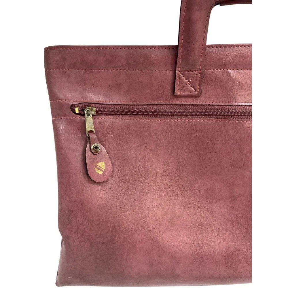Vintage Burgundy Faux Leather Briefcase Tote Bag W/Top Handles/Zipper Pocket Purple - Image 4