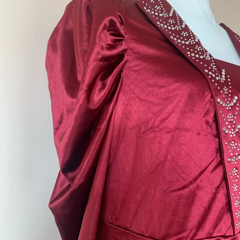 Shein Red & Silver Rhinestones Long Sleeve Satin Bodycon Dress - Image 5