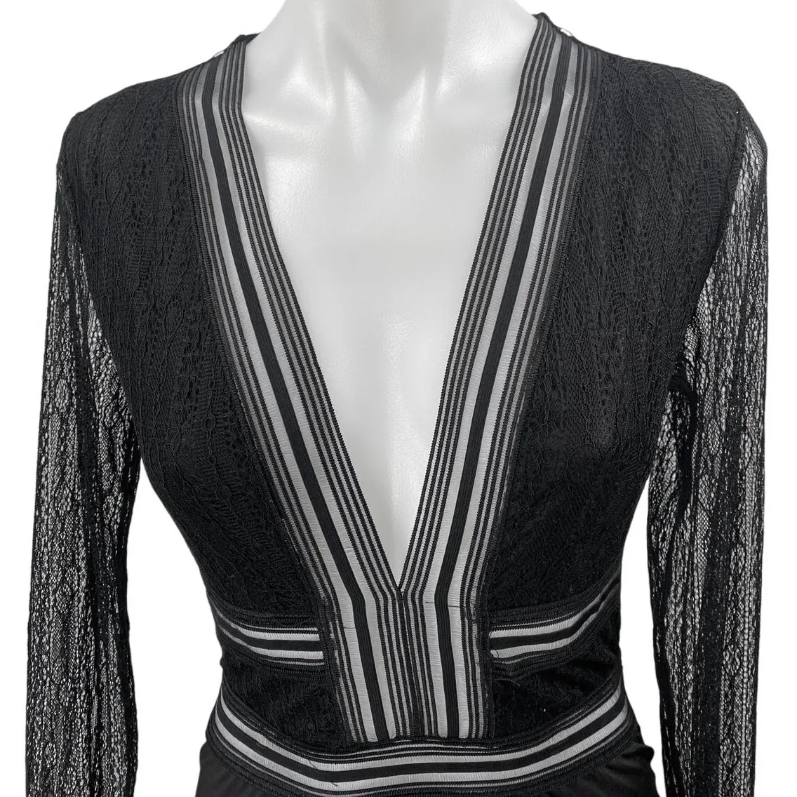 Lulus Casita Black Sheer Lace Long Sleeve Plunge V-neck Bodysuit Blouse Top Sz M - Image 3