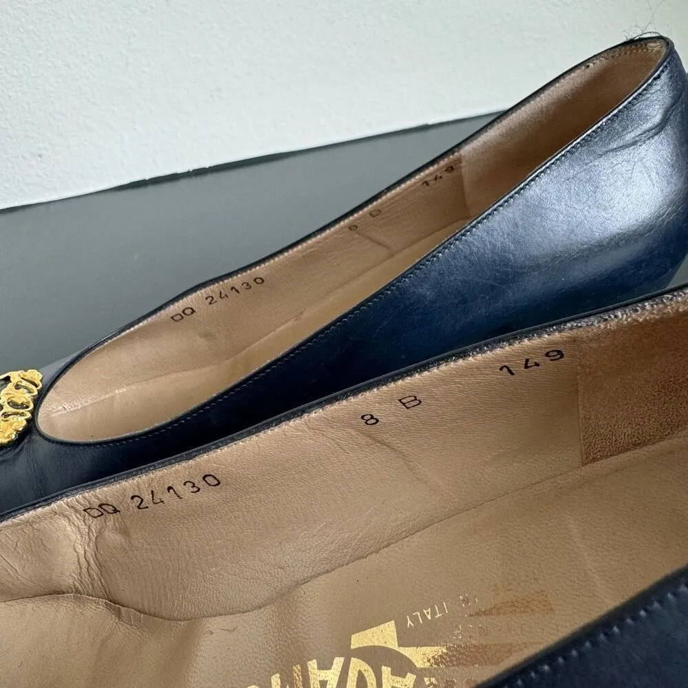 Vintage Salvatore Ferragamo Pumps Heel Leather Navy Blue Size 8 B Career Office - Image 12