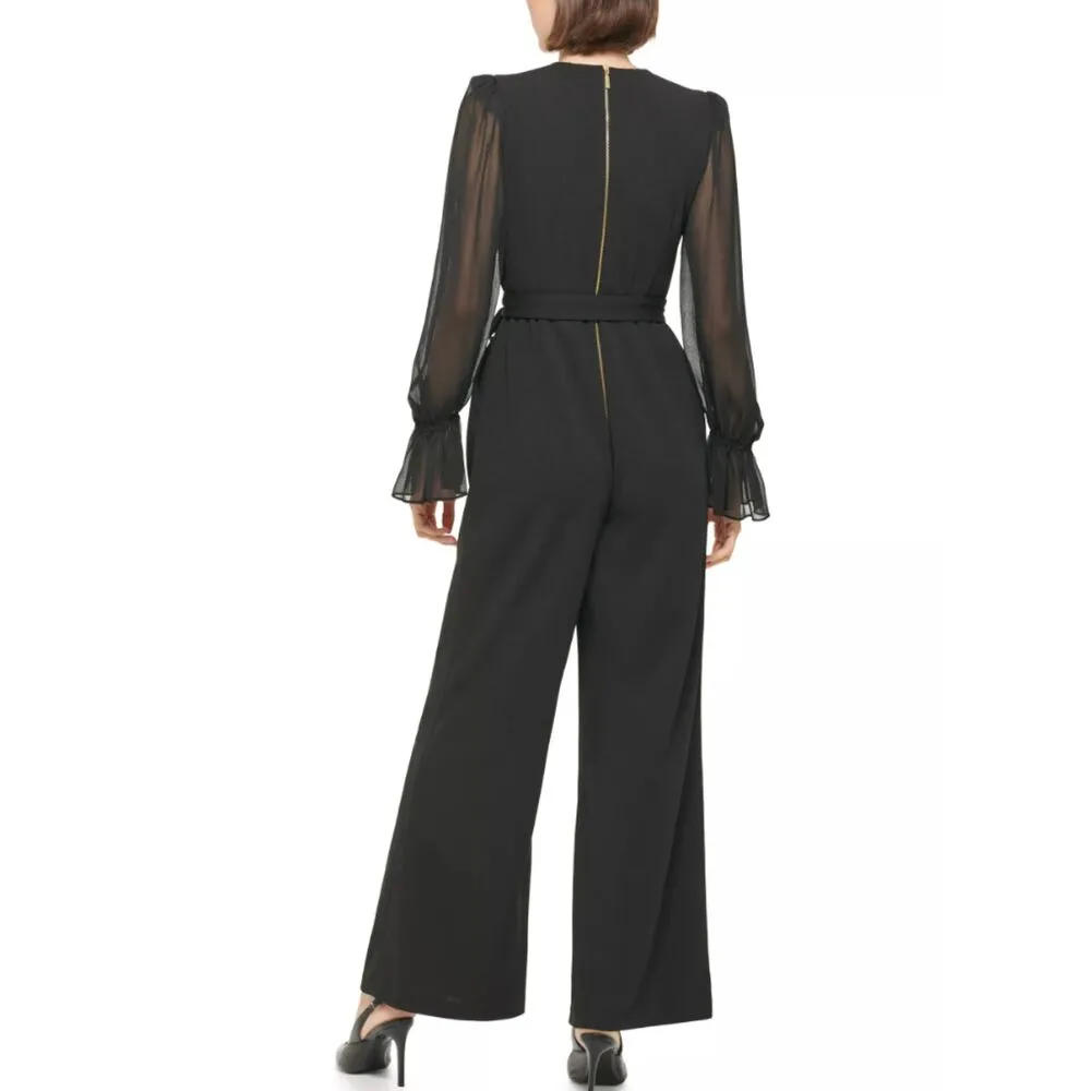 Calvin Klein Black Blouson Sleeve Belted Ankle Length Crewneck Jumpsuit Office 4 - Image 14