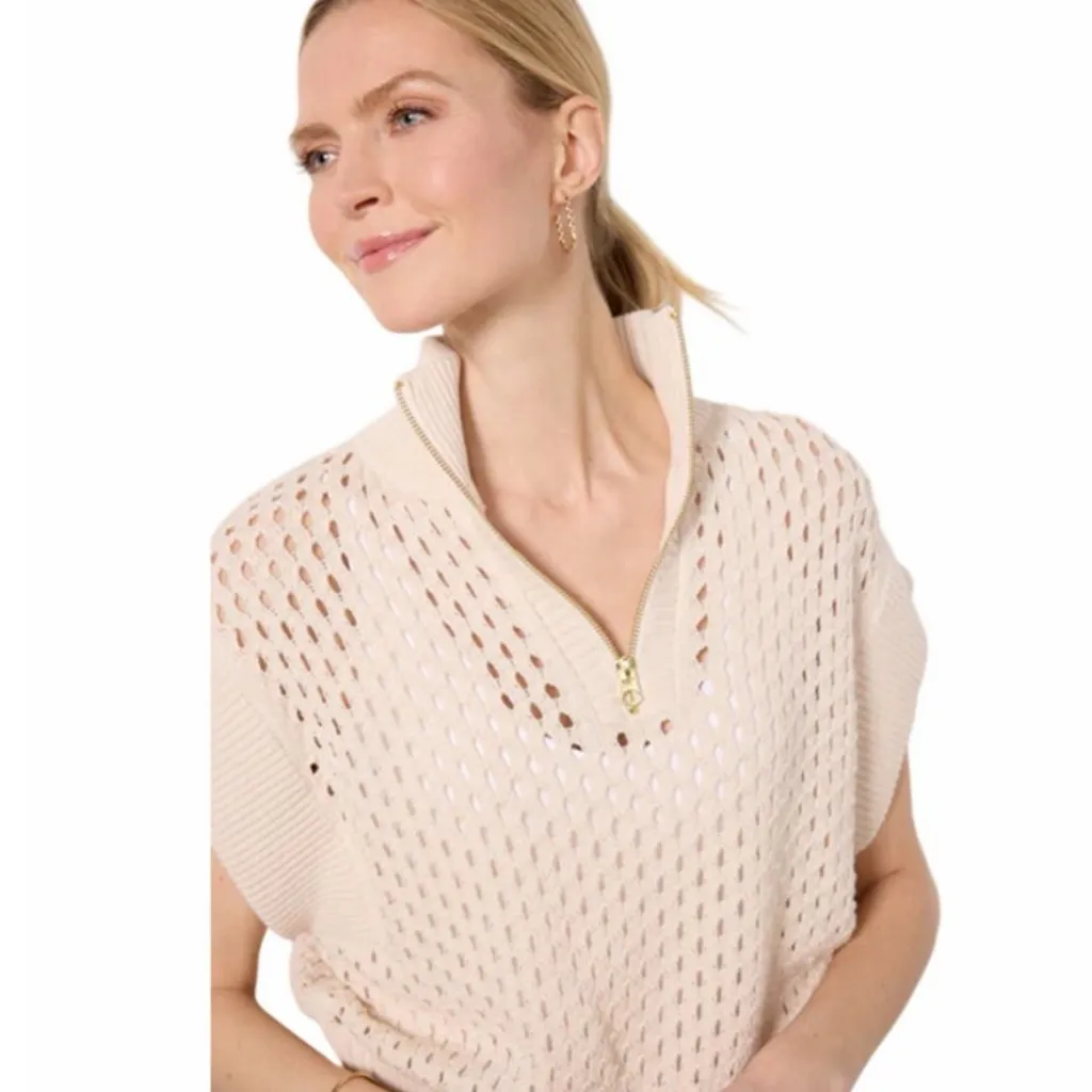 Varley Gaines Half Zip Sweater Top S Cream Cotton Pineapple Open Knit Coastal - Image 4