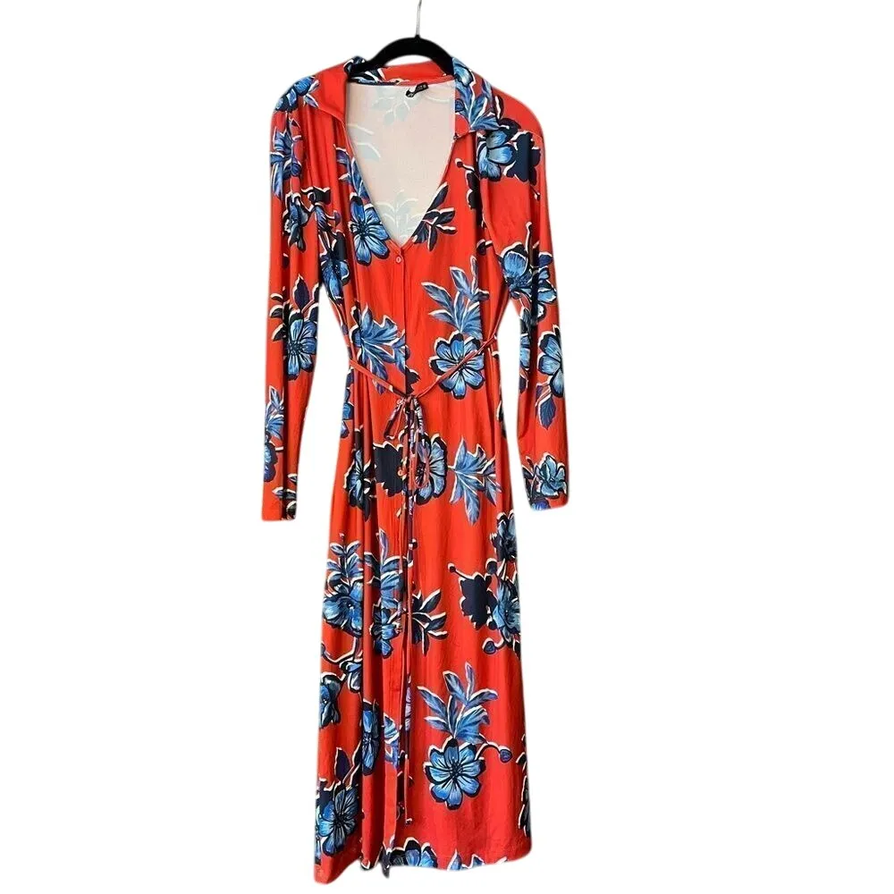 Orange & Blue Floral Long Sleeve Dress V Neck‎ Button Front Casual Summer E24 - Image 2