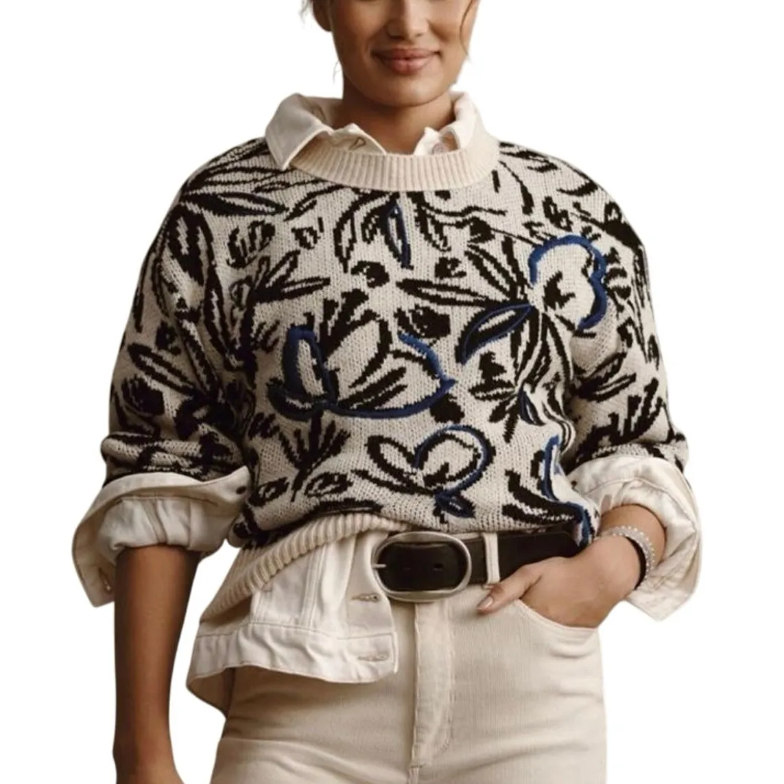 ANTHROPOLOGIE Blue Floral Pop Embroidered Sweater, Size XS, New w/ Tag MSRP $128 - Image 5